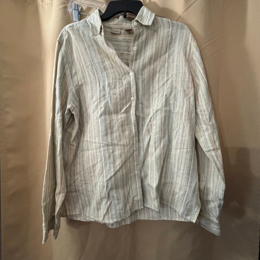 L.L. Bean Women’s 100% Linen Shirt Size Medium Long Sleeve Button Front Striped
